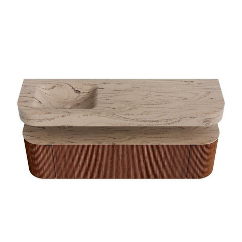 MONDIAZ THOR-DLUX 160cm meuble de salle de bains arrondi gauche + droite couleur Ruby avec 1 tiroir et 2 portes. Vasque suspendue CLOUD Gauche 1 trou de robinet couleur Arena. SW1465127