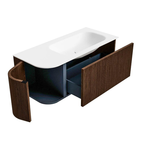 MONDIAZ KURVE Meuble de salle de bains 105 cm avec module 25 L couleur Walnut avec 1 tiroir et 1 porte. Vasque BIG SMALL à droite sans trou de robinet Talc. SW1138297