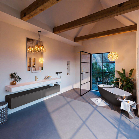 Mondiaz ALAN-DLUX Ensemble de meuble - 200cm - meuble Dark grey mat - 2 tiroirs - Lavabo Cloud Ostra suspendu - vasque Centre - 1 trou de robinet SW807346