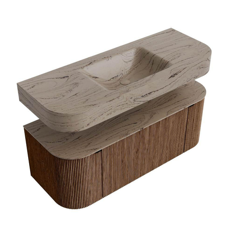 MONDIAZ THOR-DLUX 120cm badmeubel ronding links + rechts kleur Walnut met 1 lade en 2 deuren. Vrijhangende wastafel CLOUD Midden zonder kraangat kleur Arena. SW1463421
