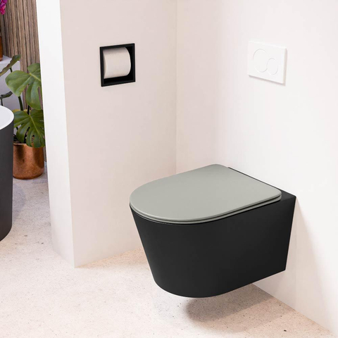 Mondiaz LAVIE hangtoilet – spoelrandloos – 36 x 53 cm – met softclose zitting – Urban (zwart), zitting Smoke (lichtbruin) SW1208736