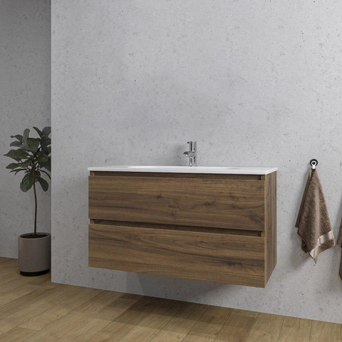 Saniclass Chaci Meuble de salle de bain - 100x45x55cm - lavabo en céramique brillant blanc - 1 vasque - 1 trou de robinet - 2 tiroirs - noyer SW721293