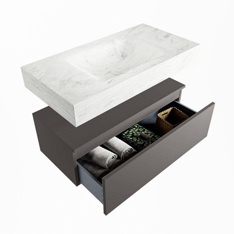 Mondiaz ALAN-DLUX Ensemble de meuble - 90cm - meuble Dark grey mat - 1 tiroir - Lavabo Cloud Opalo suspendu - vasque Centre - 1 trou de robinet SW806594