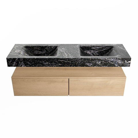 Mondiaz ALAN-DLUX Ensemble de meuble - 150cm - meuble Washed Oak mat - 2 tiroirs - Lavabo Cloud Lava suspendu - vasque Gauche et droite - 0 trous de robinet SW808837