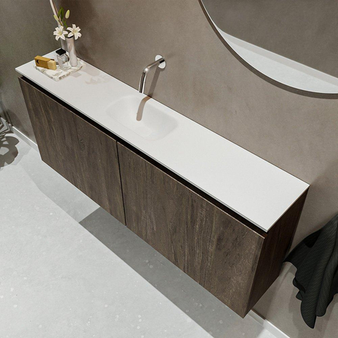 MONDIAZ TURE Toiletmeubel 120x23x50cm met 0 kraangaten 2 deuren dark brown mat Wastafel Eden midden Solid Surface Wit SW475200
