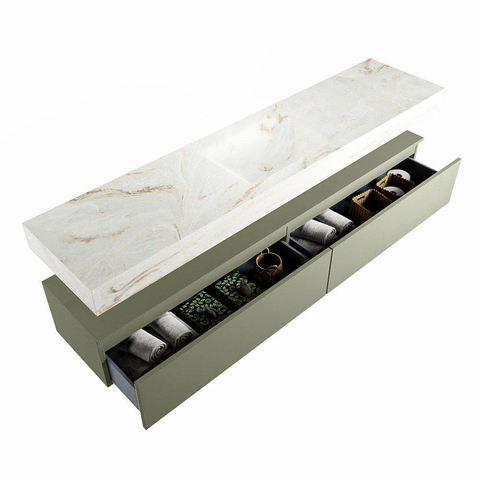 Mondiaz ALAN-DLUX Ensemble de meuble - 200cm - meuble Army mat - 2 tiroirs - Lavabo Cloud Frappe suspendu - vasque Centre - 0 trous de robinet SW804790
