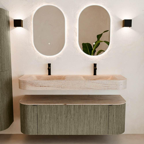 MONDIAZ THOR-DLUX 140cm meuble de salle de bains arrondi gauche + droite couleur Shadow avec 1 tiroir et 2 portes. Vasque suspendue CLOUD Double 2 trous de robinet couleur Saba. SW1464355