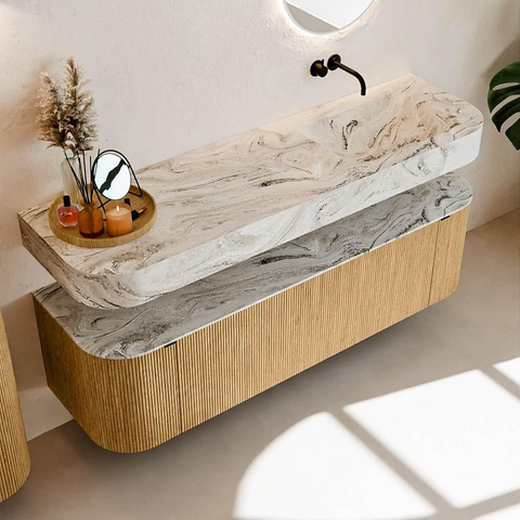 MONDIAZ THOR-DLUX 160cm badmeubel ronding links + rechts kleur Oak met 1 lade en 2 deuren. Vrijhangende wastafel CLOUD Rechts zonder kraangat kleur Glace. SW1464939