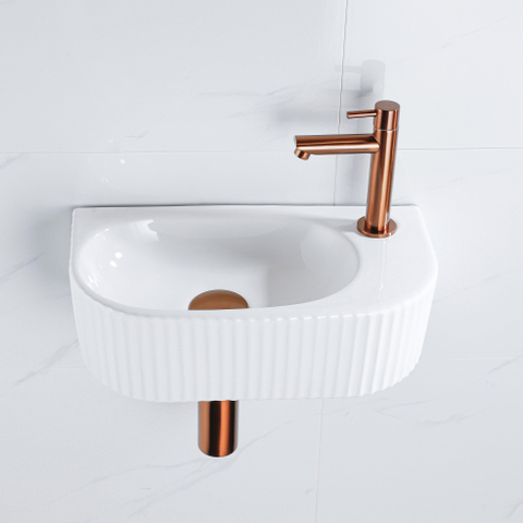 QeramiQ Blend pack lave-mains – demi-rond – 40 x 21,5 x 12 cm – céramique blanc brillant – robinet cuivre brossé SW1233039