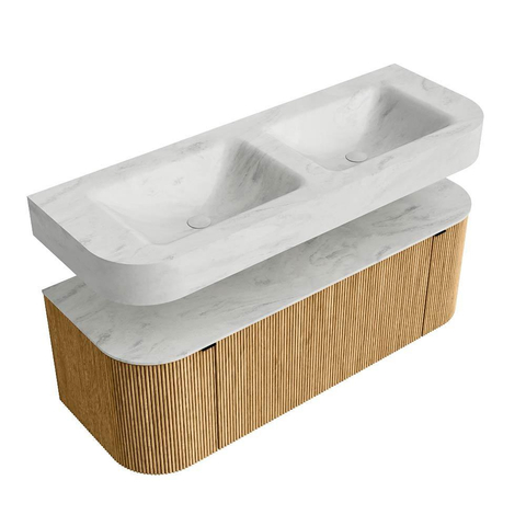 MONDIAZ THOR-DLUX 130cm meuble de salle de bains arrondi gauche + droite couleur Oak avec 1 tiroir et 2 portes. Vasque suspendue CLOUD Double 2 trous de robinet couleur Opalo. SW1463554