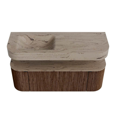 MONDIAZ THOR-DLUX Meuble de salle de bains 130cm arrondi gauche + droite couleur Walnut avec 1 tiroir et 2 portes. Vasque suspendue CLOUD Gauche 1 trou de robinet couleur Arena. SW1463774