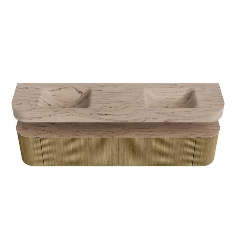 MONDIAZ THOR-DLUX 200cm meuble de salle de bains arrondi gauche + droite couleur Dusk avec 2 tiroirs et 2 portes. Vasque suspendue CLOUD Double 2 trous de robinet couleur Arena. SW1467085