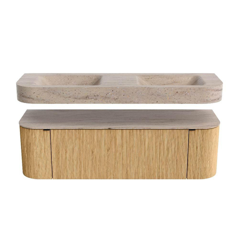 MONDIAZ THOR-DLUX 150cm meuble de salle de bains arrondi gauche + droite couleur Oak avec 1 tiroir et 2 portes. Vasque suspendue CLOUD Double 2 trous de robinet couleur Saba. SW1464861