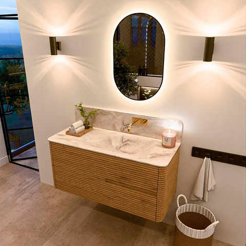 Mondiaz CIRO-DLUX Meuble de salle de bains - 110x45x50cm - lavabo solid surface Frappe - 1 vasque à droite - sans trous de robinetterie - 2 tiroirs - Chêne SW1530889