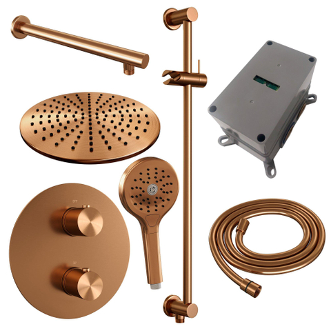 BRAUER Copper Edition thermostatische Inbouw Regendouche - 3-weg - rond - set 92 - 30cm hoofddouche - rechte muurarm - 3-standen handdouche - doucheslang - geïntegreerde glijstang - koper geborsteld PVD SW1159251