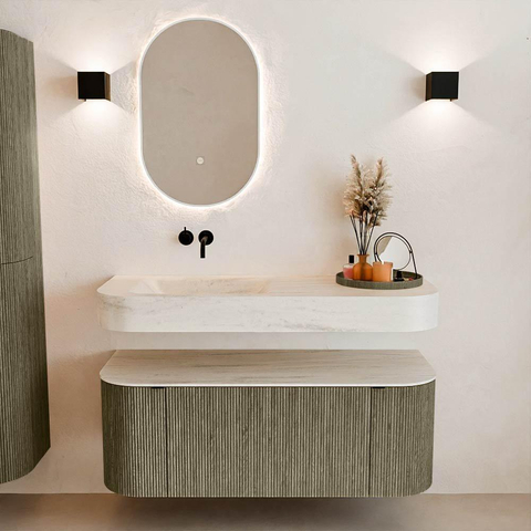MONDIAZ THOR-DLUX 120cm meuble de salle de bains arrondi gauche + droite couleur Shadow avec 1 tiroir et 2 portes. Vasque suspendue CLOUD Gauche sans trou de robinet couleur Meli. SW1467650
