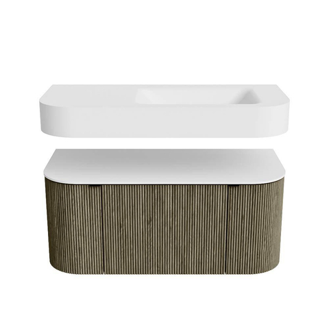 MONDIAZ THOR 100cm meuble de salle de bains arrondi gauche + droite couleur Shadow avec 1 tiroir et 2 portes. Vasque suspendue CLOUD Droite 1 trou de robinet couleur Talc. SW1467433