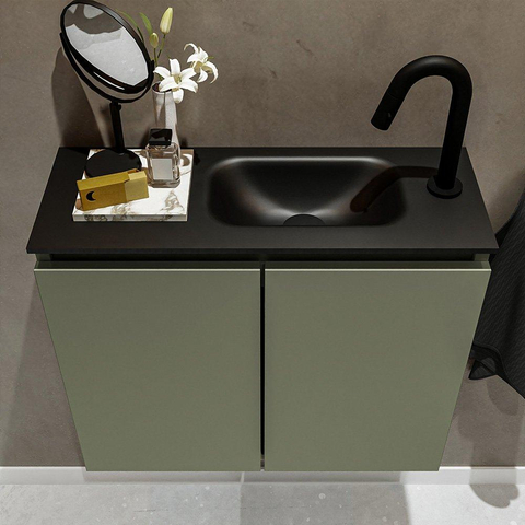 MONDIAZ TURE Kit lave-mains - 60x23x50cm - 1 trou de robinet - 2 portes - armée mate - Lavabo à droite - Solid Surface Noir SW475328