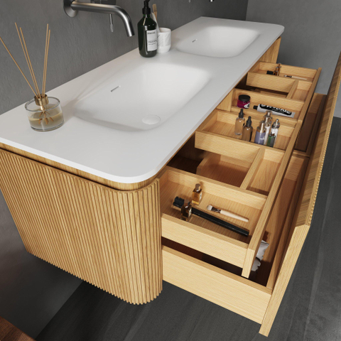 Royal Plaza Terra Edge Ensemble meuble de salle de bains - 140x45.5x46cm - vasque en céramique blanc brillant - 2 vasques - 2 trous de robinetterie - 2 tiroirs - sandwood (chêne clair) SW1471944