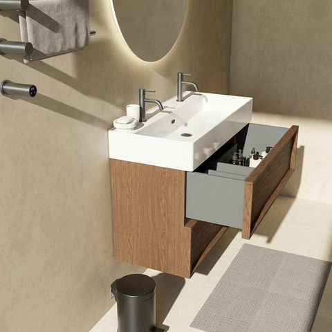 Saniclass Holz Frame Badkamermeubelset - 100x45x72cm - Legend keramische wastafel mat wit - 1 wasbak - 2 kraangaten - 2 lades - mat walnut pure (hout) SW1580085