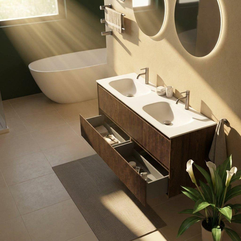 Saniclass Holz Atelier Ensemble meuble de salle de bains - 140x45x61.5cm - lavabo Flow en solid surface blanc - 2 vasques - 2 trous de robinetterie - 4 tiroirs - chêne charcoal mat (bois) SW1478441
