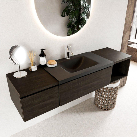 MONDIAZ BUKLA 160cm ensemble de meuble avec module ouvert 40 à droite couleur Marron Foncé avec 2 tiroirs. Lavabo CLOUD centre 1 trou de robinet couleur Urban. SW1382116