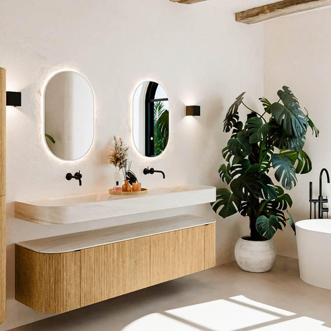 MONDIAZ THOR-DLUX 180cm meuble de salle de bains arrondi gauche + droite couleur Oak avec 2 tiroirs et 2 portes. Vasque suspendue CLOUD Double sans trou de robinet couleur Meli. SW1466174
