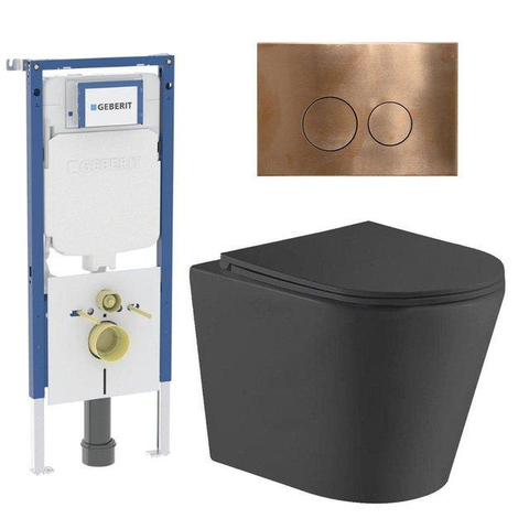 QeramiQ Dely Toiletset - 36.3x51.7cm - Geberit UP720 inbouwreservoir - rimless - diepspoel - zitting - softclose - bedieningsplaat koper - ronde knoppen - mat zwart SW1428451