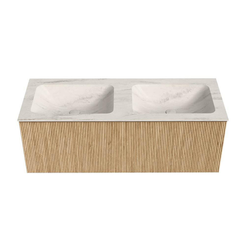 MONDIAZ KURVE-DLUX 120cm badmeubel kleur Oak met 1 lade en 0 deuren. Wastafel LEAF Dubbel 2 kraangaten Meli. SW1431625