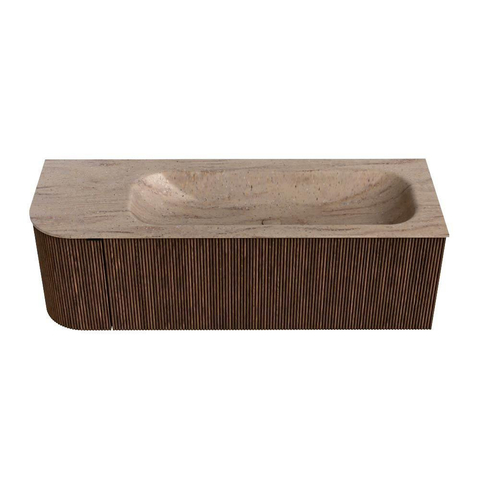 MONDIAZ KURVE-DLUX Meuble de salle de bains 135cm arrondi à gauche couleur Walnut avec 1 tiroir et 1 porte. Lavabo BIG MEDIUM à droite 1 trou de robinet Saba. SW1433188