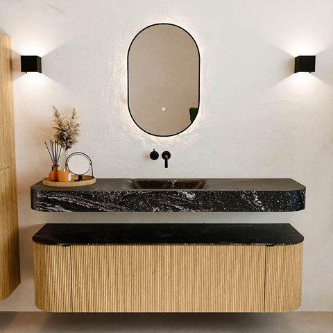 MONDIAZ THOR-DLUX 160cm badmeubel ronding links + rechts kleur Oak met 1 lade en 2 deuren. Vrijhangende wastafel CLOUD Midden zonder kraangat kleur Lava. SW1464951
