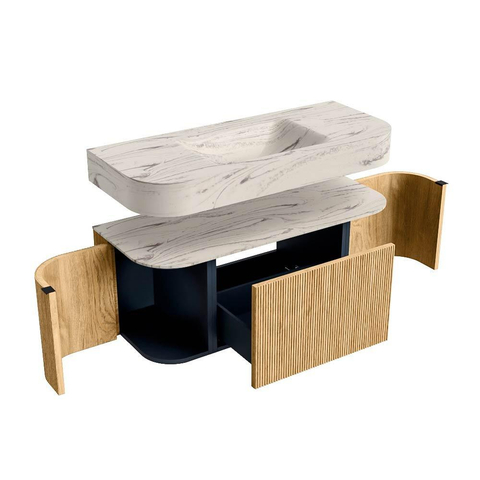 MONDIAZ THOR-DLUX 110cm badmeubel ronding links + rechts kleur Oak met 1 lade en 2 deuren. Vrijhangende wastafel CLOUD Midden zonder kraangat kleur Nata. SW1462968
