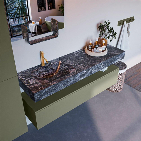 Mondiaz ALAN-DLUX Ensemble de meuble - 150cm - meuble Army mat - 1 tiroir - Lavabo Cloud Lava suspendu - vasque Gauche - 1 trou de robinet SW808538