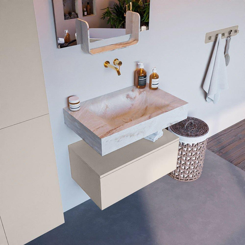 Mondiaz ALAN-DLUX Ensemble de meuble - 70cm - meuble Linen mat - 1 tiroir - Lavabo Cloud Frappe suspendu - vasque Centre - 0 trous de robinet SW805215