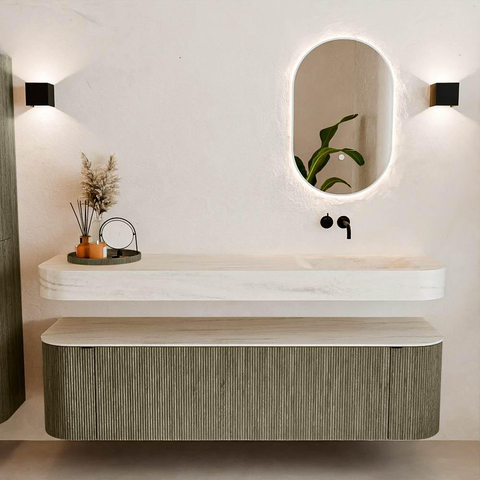 MONDIAZ THOR-DLUX 170cm meuble de salle de bains arrondi gauche + droite couleur Shadow avec 1 tiroir et 2 portes. Vasque suspendue CLOUD droite sans trou de robinet couleur Meli. SW1465757