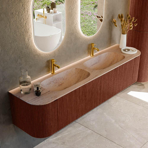MONDIAZ KURVE-DLUX Meuble de salle de bains 190cm arrondi Gauche + Droite couleur Ruby avec 2 tiroirs et 2 portes. Lavabo STOR SMALL Double 2 trous de robinet Saba. SW1433517