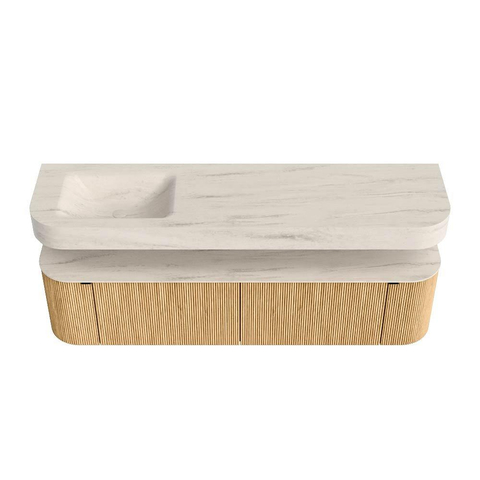 MONDIAZ THOR-DLUX 180cm meuble de salle de bains arrondi gauche + droite couleur Oak avec 2 tiroirs et 2 portes. Vasque suspendue CLOUD Gauche 1 trou de robinet couleur Meli. SW1466165