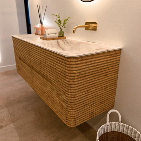 Mondiaz CIRO-DLUX Meuble de salle de bains - 140x45x50cm - Plan vasque solid surface Frappe - 1 vasque à droite - sans trous de robinetterie - 4 tiroirs - Chêne SW1530881