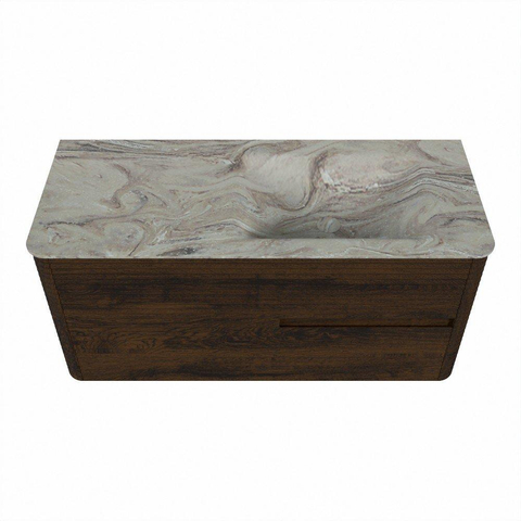 Mondiaz CIRO-DLUX Badkamermeubelset - 110x45x50cm - Solid surface wastafel Glace - 1 wasbak Rechts - zonder kraangaten - 2 lades - Walnut SW1530252