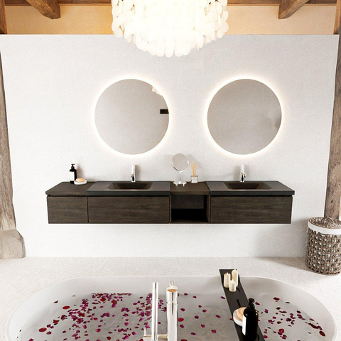 MONDIAZ BUKLA 240cm ensemble de meuble avec module ouvert 40 à droite couleur Marron Foncé avec 3 tiroirs. Lavabo CLOUD double 2 trous de robinet couleur Urban. SW1382257