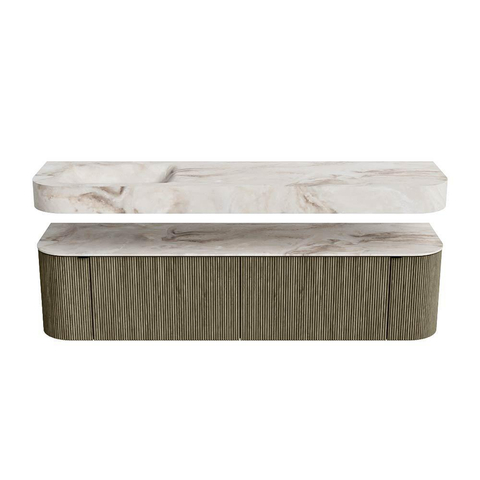 MONDIAZ THOR-DLUX 180cm meuble de salle de bains arrondi gauche + droite couleur Shadow avec 2 tiroirs et 2 portes. Vasque suspendue CLOUD Gauche 1 trou de robinet couleur Frappe. SW1466068