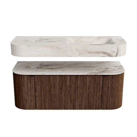 MONDIAZ THOR-DLUX 120cm meuble de salle de bains arrondi gauche + droite couleur Walnut avec 1 tiroir et 2 portes. Vasque suspendue CLOUD droite sans trou de robinet couleur Frappe. SW1463208
