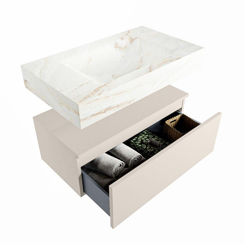 Mondiaz ALAN-DLUX Ensemble de meuble - 80cm - meuble Linen mat - 1 tiroir - Lavabo Cloud Frappe suspendu - vasque Centre - 0 trous de robinet SW805249