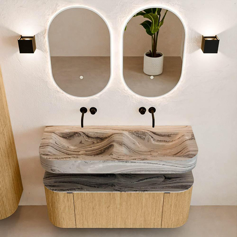 MONDIAZ THOR-DLUX Meuble de salle de bains 120cm arrondi gauche + droite couleur Oak avec 1 tiroir et 2 portes. Vasque suspendue CLOUD Double sans trou de robinet couleur Sombra. SW1463660