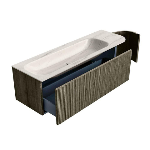 MONDIAZ KURVE-DLUX 145cm meuble de salle de bains arrondi Droit couleur Shadow avec 1 tiroir et 1 porte. Lavabo BIG LARGE Gauche 2 trous de robinet Meli. SW1431810