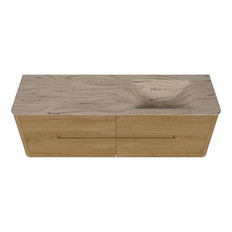 Mondiaz CIRO-DLUX Meuble de salle de bains - 150x45x50cm - Plan vasque solid surface Arena - 1 vasque à droite - sans trous de robinetterie - 4 tiroirs - Chêne SW1531351