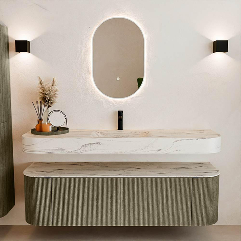 MONDIAZ THOR-DLUX 160cm meuble de salle de bains arrondi gauche + droite couleur Shadow avec 1 tiroir et 2 portes. Vasque suspendue CLOUD Milieu 1 trou de robinet couleur Nata. SW1465284