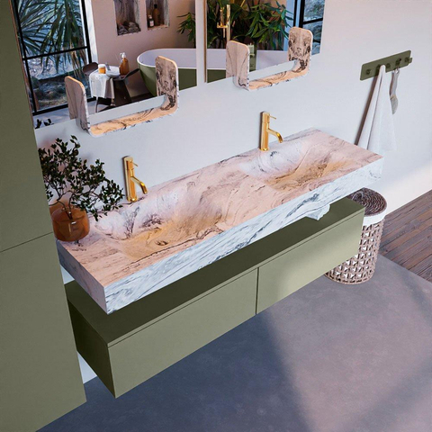 Mondiaz ALAN-DLUX Ensemble de meuble - 150cm - meuble Army mat - 2 tiroirs - Lavabo Cloud Glace suspendu - vasque Gauche et droite - 2 trous de robinet SW805830