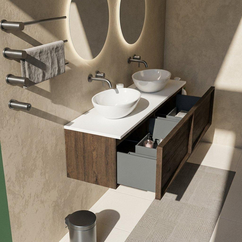 Saniclass Holz Frame Badkamermeubelset - 160x45x42.5cm - Torino solid surface topblad wit - zonder kraangat - 2 lades - mat eiken charcoal (hout) SW1478828