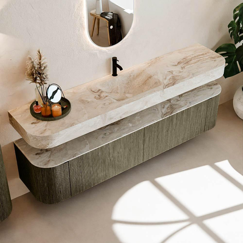 MONDIAZ THOR-DLUX Meuble de salle de bains - 200cm - arrondi gauche + droite - couleur Shadow - 2 tiroirs - 2 portes - Vasque suspendue CLOUD Milieu 1 trou de robinet couleur Frappe SW1467029